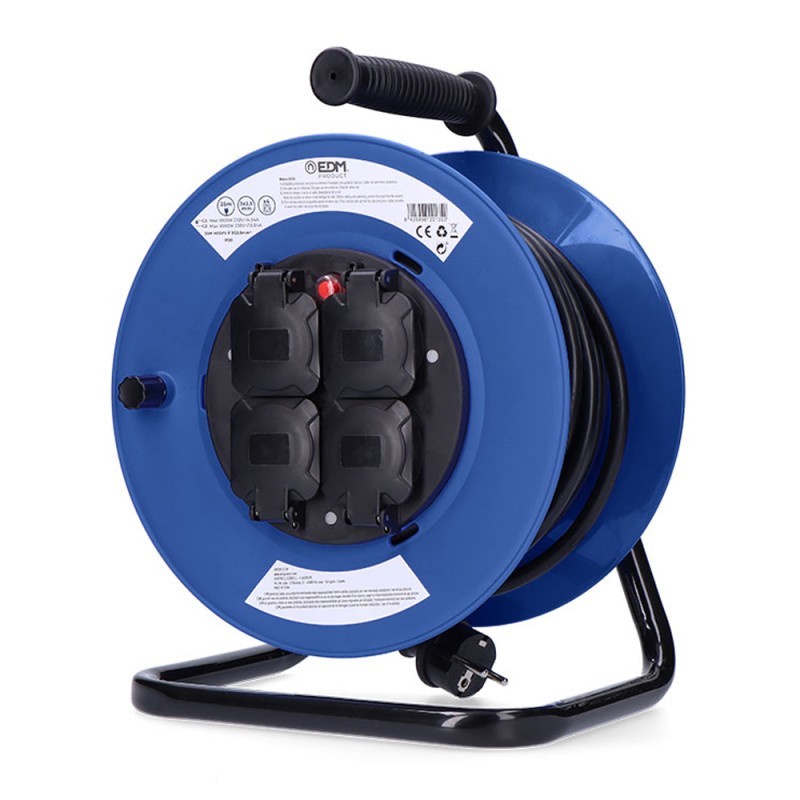 Enrollacables 25 m 3 g 2,50 mm 4 tomas bipolares con t/tl con tapas profesional con protector termico 3000w 230v