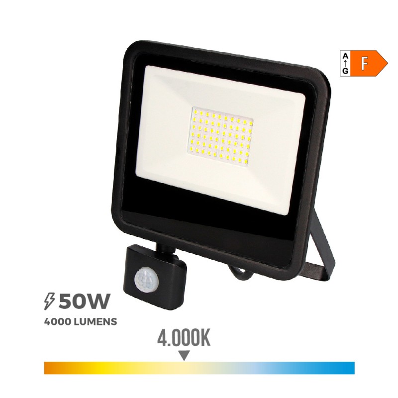 Foco proyector led con sensor de presencia 50 w 4000 lm 4000 k luz dia 23,8 x 4,5 x 19,2 cm