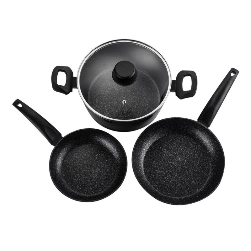 Set 2 sartenes + 1 olla vivant negra aluminio, medidas: sartenes ø20 / ø24 cm y olla ø24 cm