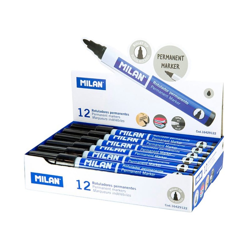 Rotuladores permanentes punta redonda negros, caja 12 uds