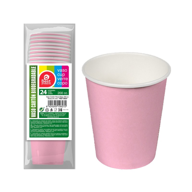 Vasos de cartón rosas baby 200cc, 24 uds
