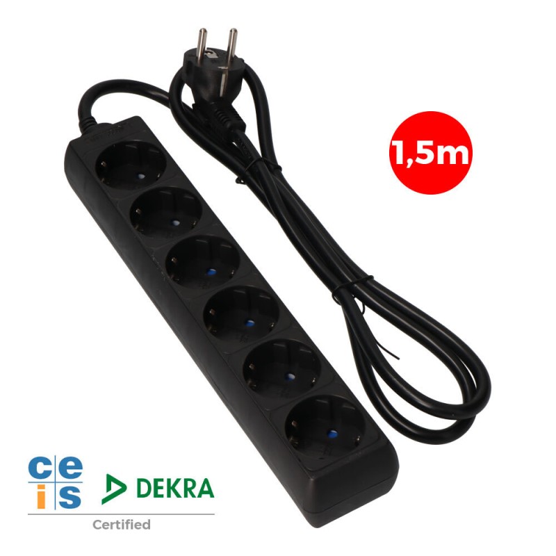 Prolongador con 6 tomas 2p+t, 16a 250v~ 1,5 m de cable h05vv-f 3g 1,5mm, negro.