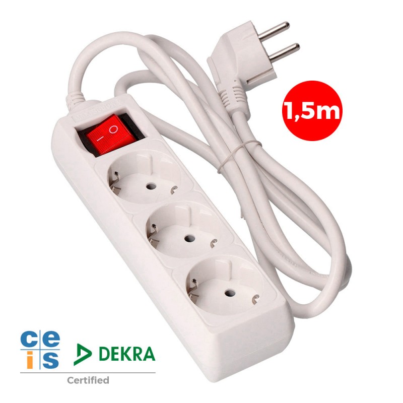 Prolongador con 3 tomas 2p+t, 16 a 250 v de cable h05vv-f 3g 1,5 m.