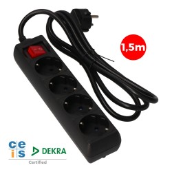 Prolongador con 4 tomas 2p+t, 16a 250v~ 1,5 m de cable h05vv-f 3g 1,5mm, con interruptor, negro.