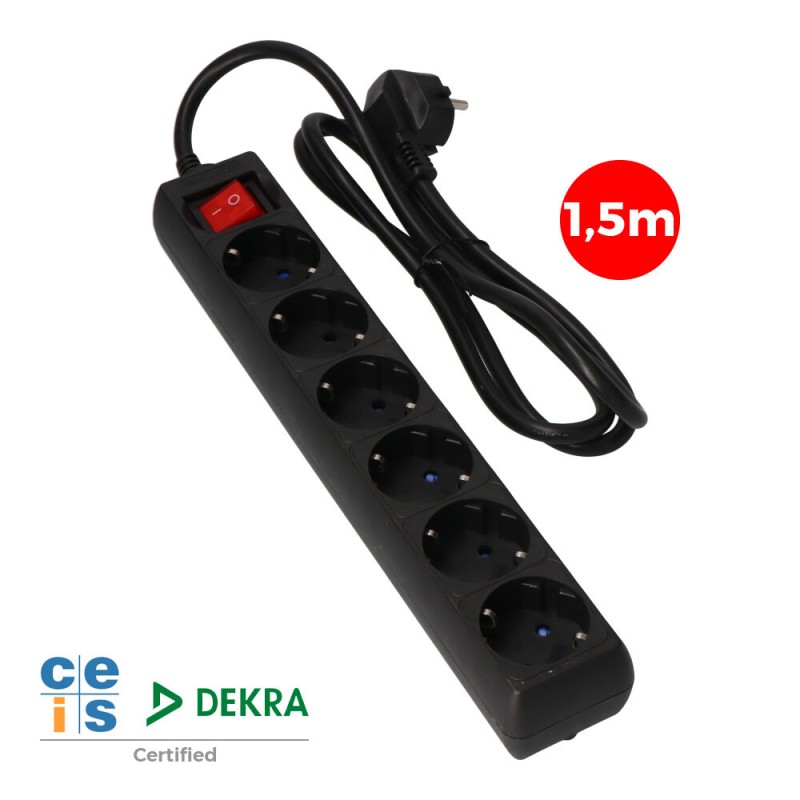 Prolongador con 6 tomas 2p+t, 16a 250v~ 1,5 m de cable h05vv-f 3g 1,5mm, con interruptor, negro.
