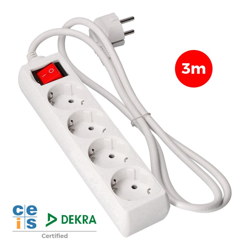 Prolongador con 4 tomas 2p+t, 16 a 250 v de cable h05vv-f 3g + interruptor luminoso 3 m.