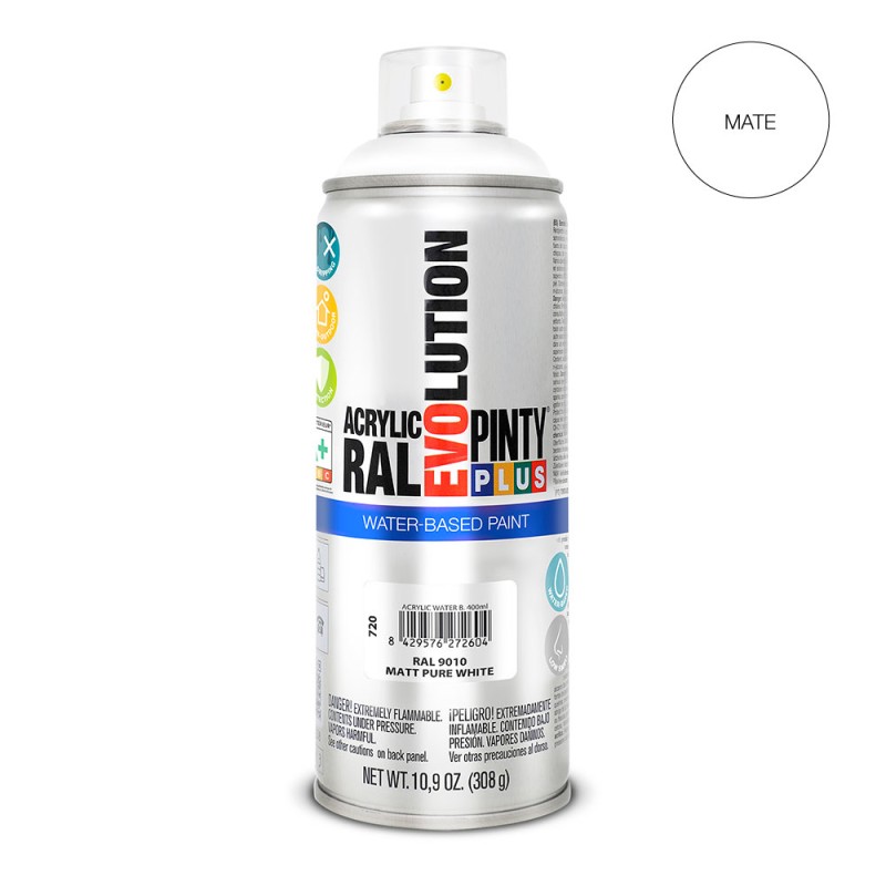 Pintura acrílica spray evolution water-based 520 cc ral 9010 blanco puro mate