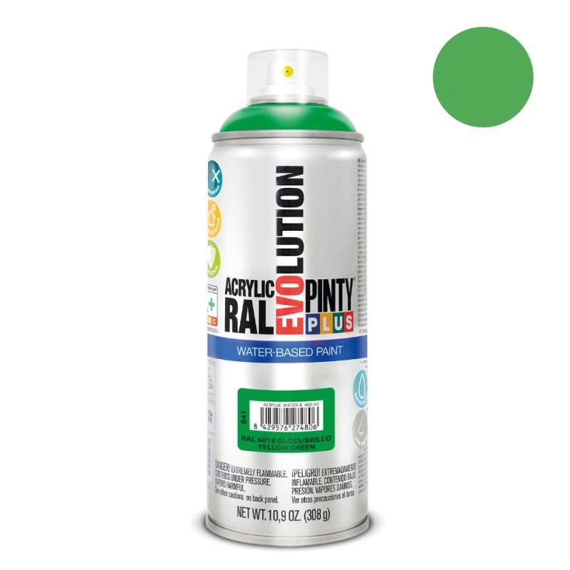 Pintura acrílica spray evolution water-based 520 cc ral 6018 verde amarillento