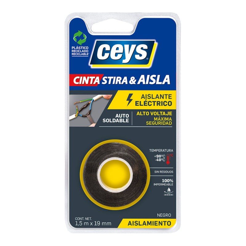 Cinta aislante eléctrica vulcanizable profesional stira & aisla negra 19 mm x 1,5 m