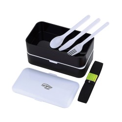 Set hermético negro expert 2 capas 1200 ml + cubiertos