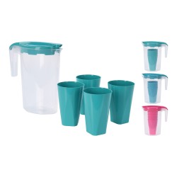 Jarra de plástico 1,75 l con 4 vasos 350 ml, colores surtidos