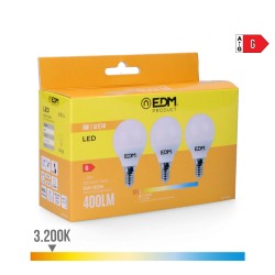 Kit 3 bombillas esfericas led e14 5 w 400 lm 3200 k luz calida ø4,5 x 8 cm