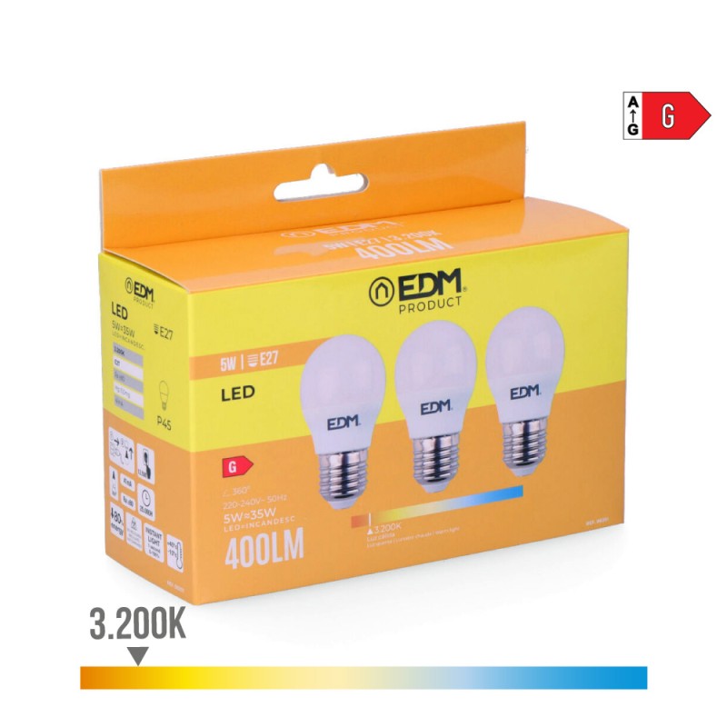 Kit 3 bombillas esfericas led e27 5 w 400 lm 3200 k luz calida ø4,5 x 8 cm