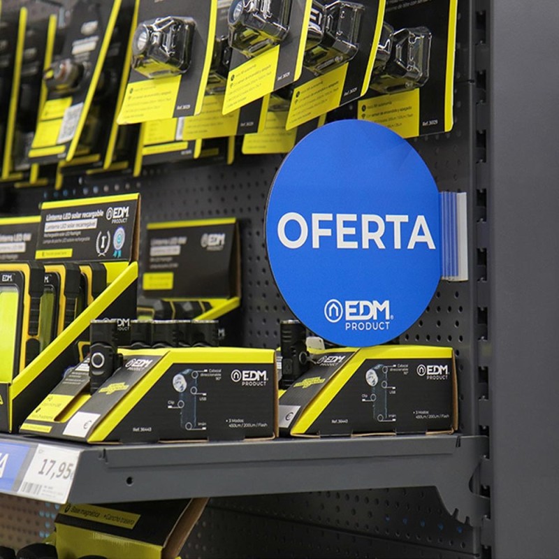 Display promoción módulo castellano "oferta" edm ø 20cm. contiene soporte adhesivo 02942.