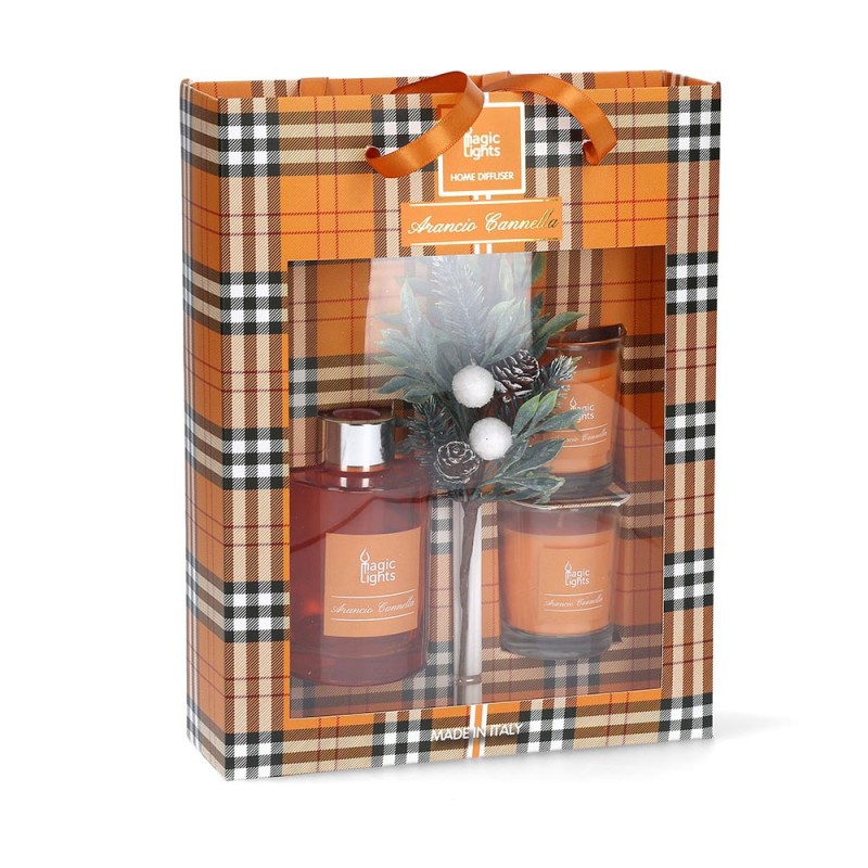 Estuche mikado difusor + 2 velas naranja-canela