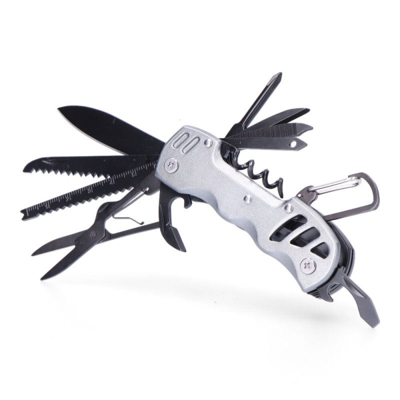 Multiherramienta con mosquetón modelo plateado, serie k2