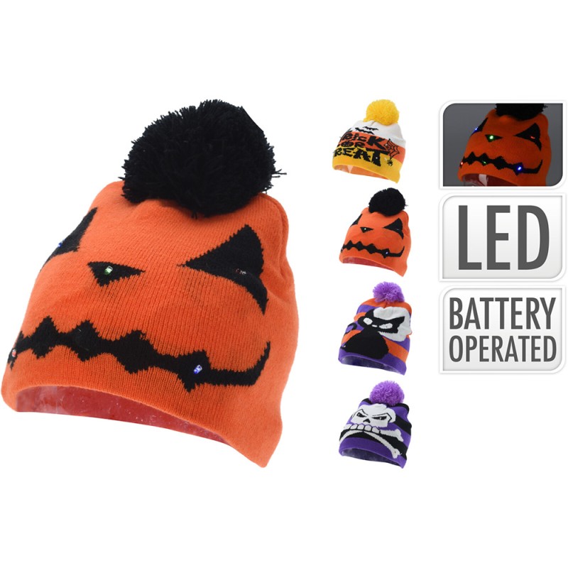 Gorro halloween con luz led, multicolor, 6 led, a pilas, 4 modelos.