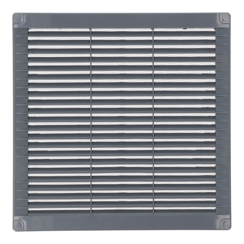 Rejilla ventilación cuadrada con tapones y mosquitera 250x250x7mm abs gris