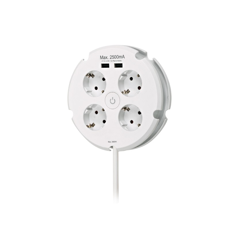 Prolongador redondo con 4 tomas schuko 16 a 250 v + 2 usb ( 2,5 a) de cable 1,5 m h05vv-f 3g1,5mm