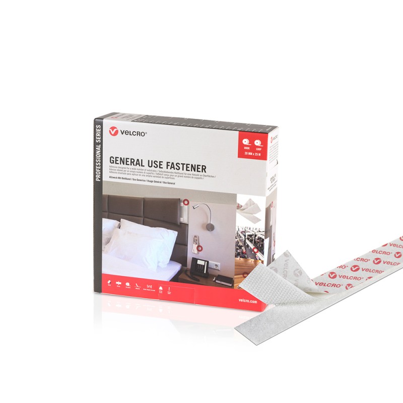 Cinta de gancho y bucle adhesiva blanca 20 mm x 25 m