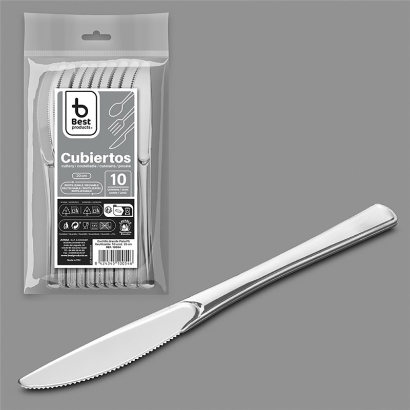 Cuchillo reutilizable color plata 20 cm, 10 uds