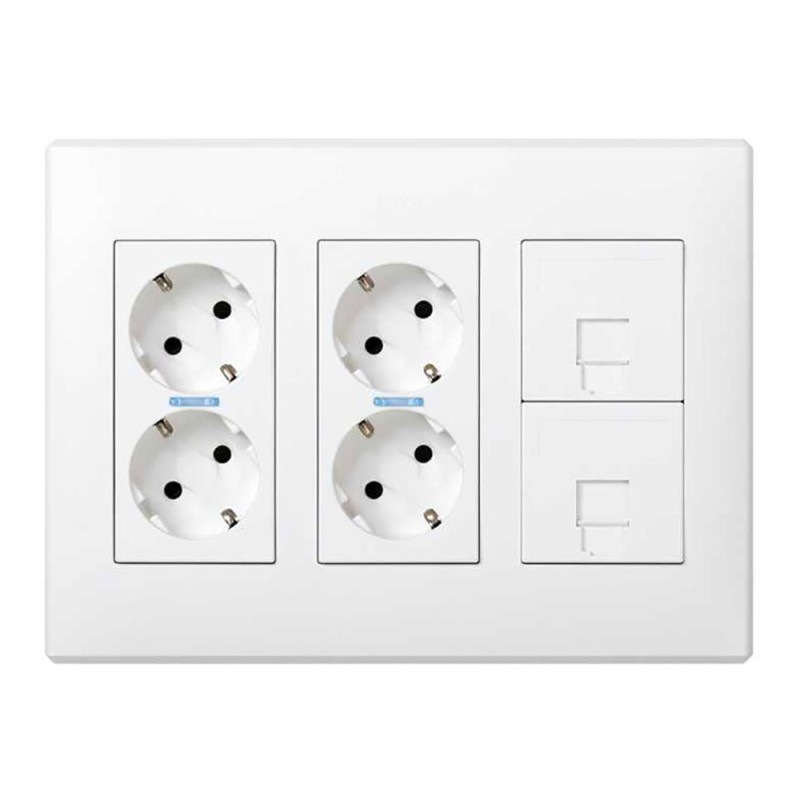 Caja con 4 schuko + 2 rj45, 500 cima superficie o empotrar blanca