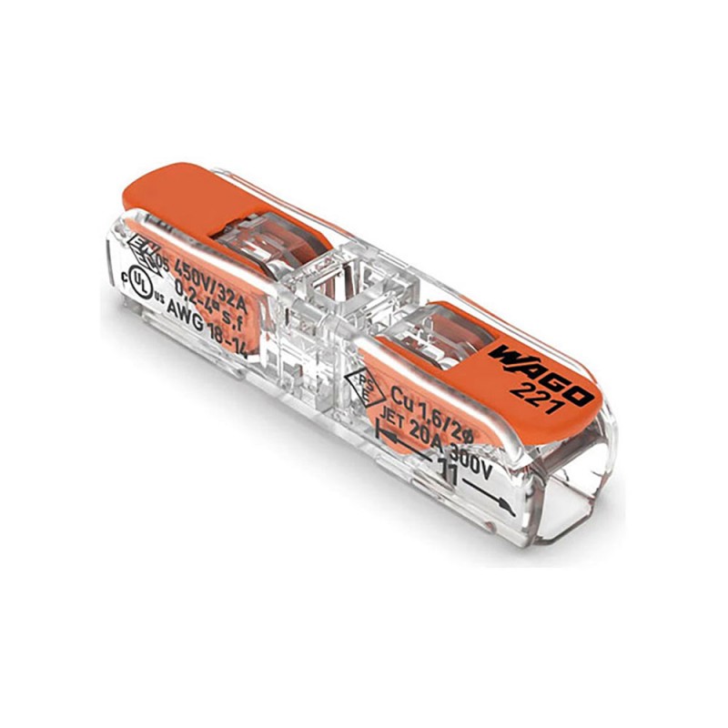 Conector rápido en linea con palanca 2 vias, ø maximo 4 mm, 450 v , 32 a transparente 8,1 x 35,5 x 8,9 mm