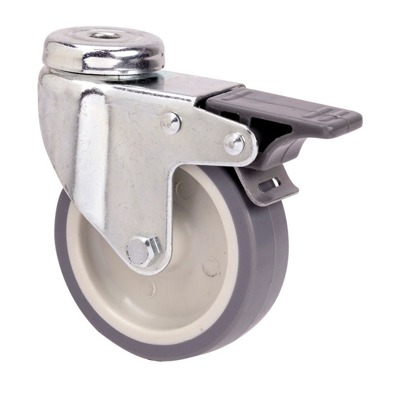 Rueda giratoria de goma con agujero, eje liso y freno, color gris, carga máx. 50 kg, ø 6 cm