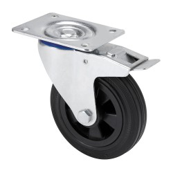 Rueda giratoria de goma natural con placa, eje liso y freno, color negro, carga máx. 80 kg, ø 10 cm