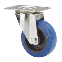 Rueda giratoria de goma con placa y eje de rodillos, color azul, carga máx. 80 kg, ø 8 cm