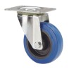 Rueda giratoria de goma con placa y eje de rodillos, color azul, carga máx. 100 kg, ø 10 cm
