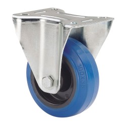 Rueda fija de goma, con placa y eje de rodillos color azul, carga máx. 80 kg, ø 8 cm