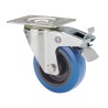 Rueda giratoria de goma con placa, eje de rodillos y freno, color azul, carga máx. 80 kg, ø 8 cm