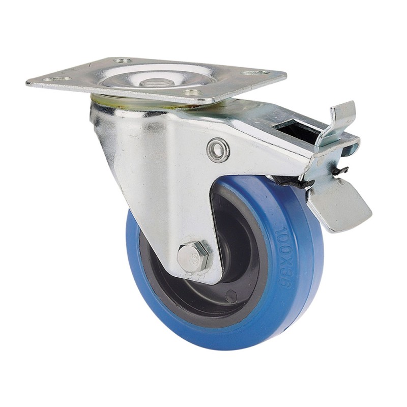 Rueda giratoria de goma con placa, eje de rodillos y freno, color azul, carga máx. 130 kg, ø 12,5 cm