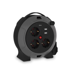 Enrollacables con 2 usb a, 3 tomas 2p+tt schuko, 16 a, 230 v~, h05vv-f 3 g 1,5 mm, 5 m, negro/gris