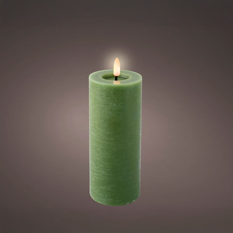Vela de cera led, color verde, acabado rústico, ø7 x 19 cm