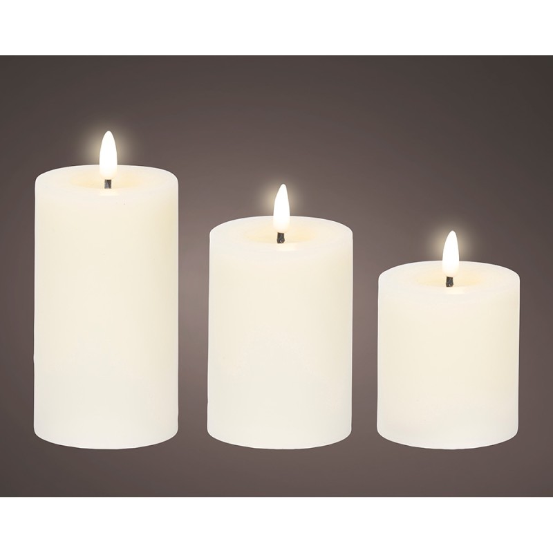 Vela de cera led color blanco ø7 cm con diferentes alturas, 3 uds