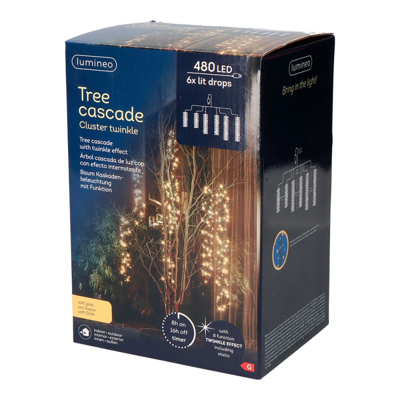 Cortina cascada para árbol, multifunción, oro suave, 480 leds, 2 m