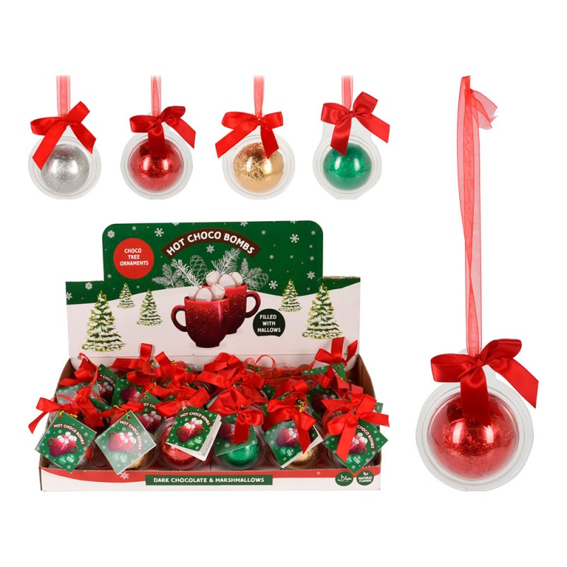 Bola de plástico con cinta, contiene un chocolate, colores surtidos