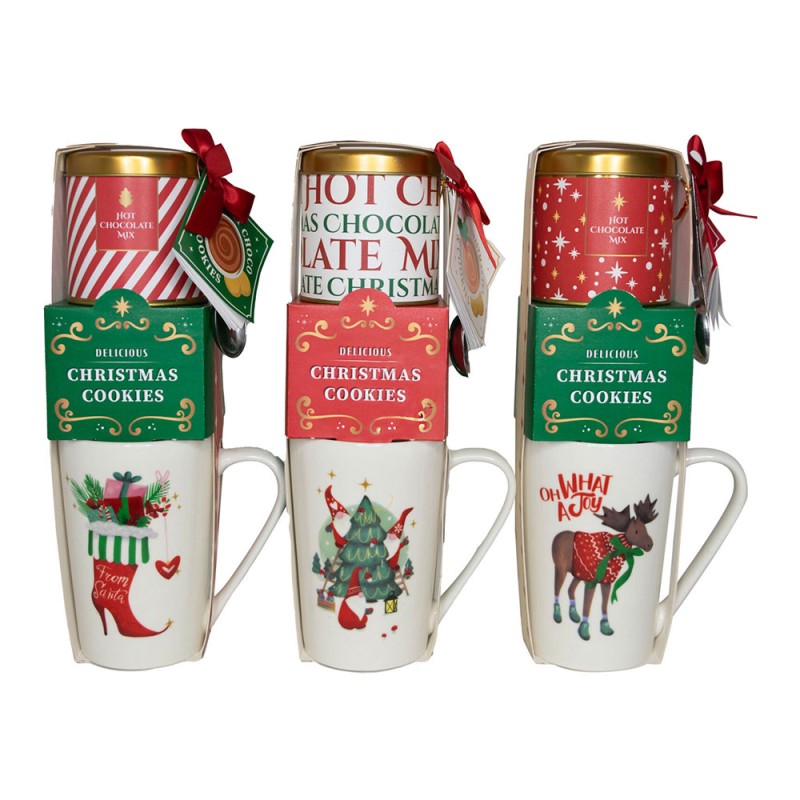 Taza de navidad con galletas y chocolate en polvo. 3 modelos variados