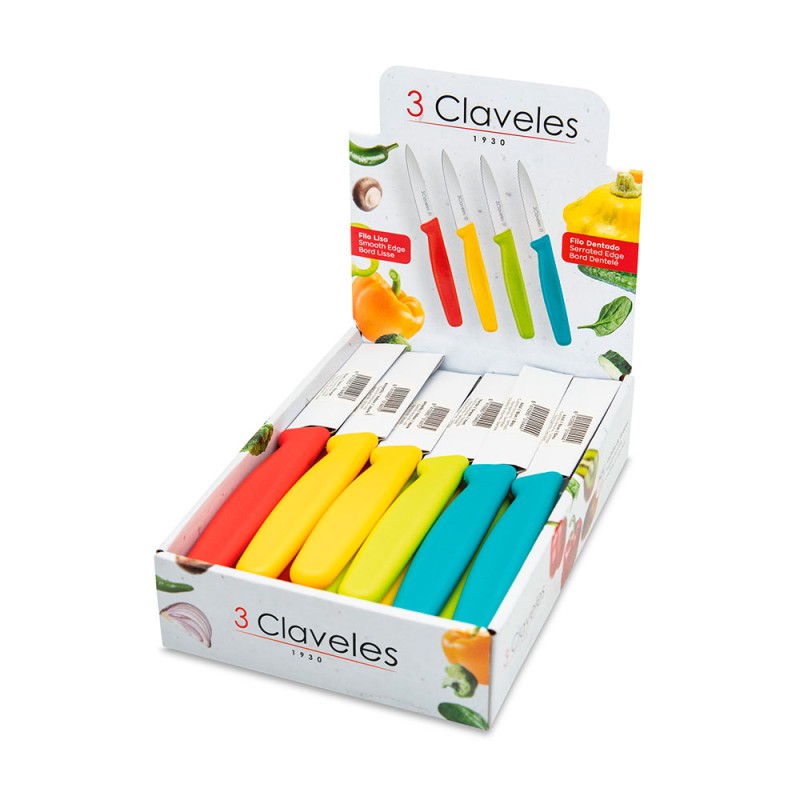 Cuchillo verduras 8 cm modelos y colores surtidos, expositor 24 uds