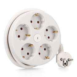 Prolongador redondo con 5 tomas 2p+t schuko, con interruptor, 16 a 250 v, cable h05vv-f 3g1,5mm de 1,5 m, blanco
