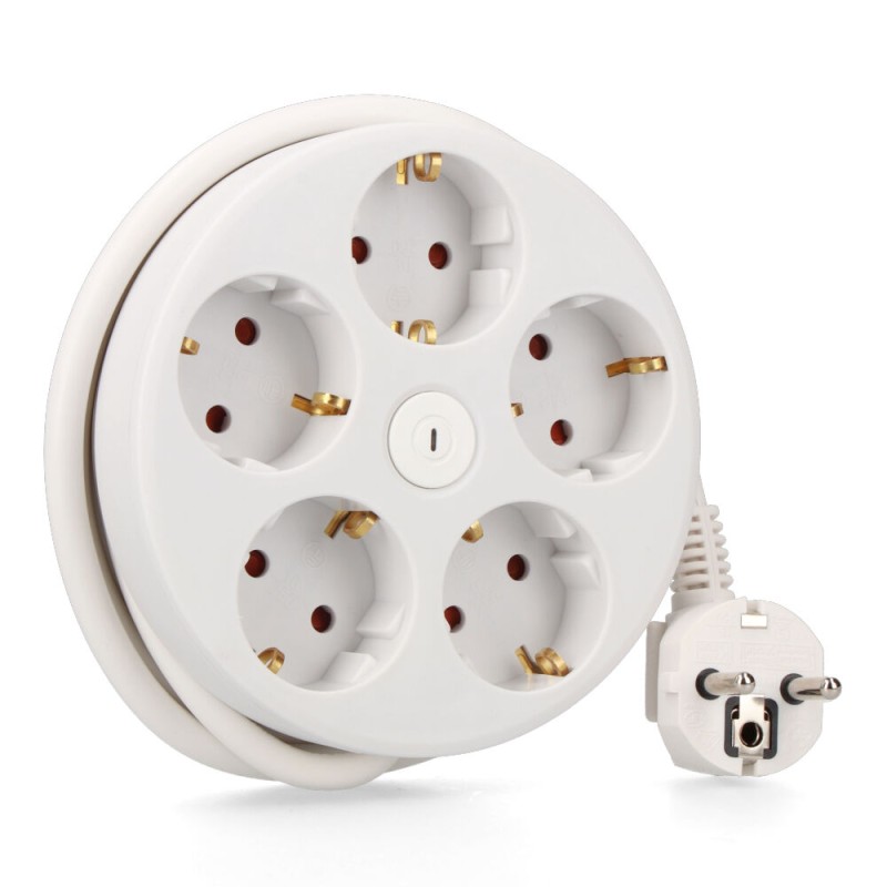 Prolongador redondo con 5 tomas 2p+t schuko, con interruptor, 16 a 250 v, cable h05vv-f 3g1,5mm de 1,5 m, blanco