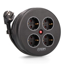 Enrollacables con 4 tomas 2p+t schuko, con protección, 16 a 250 v, cable h05vv-f 3g1,5mm de 5 m, negro