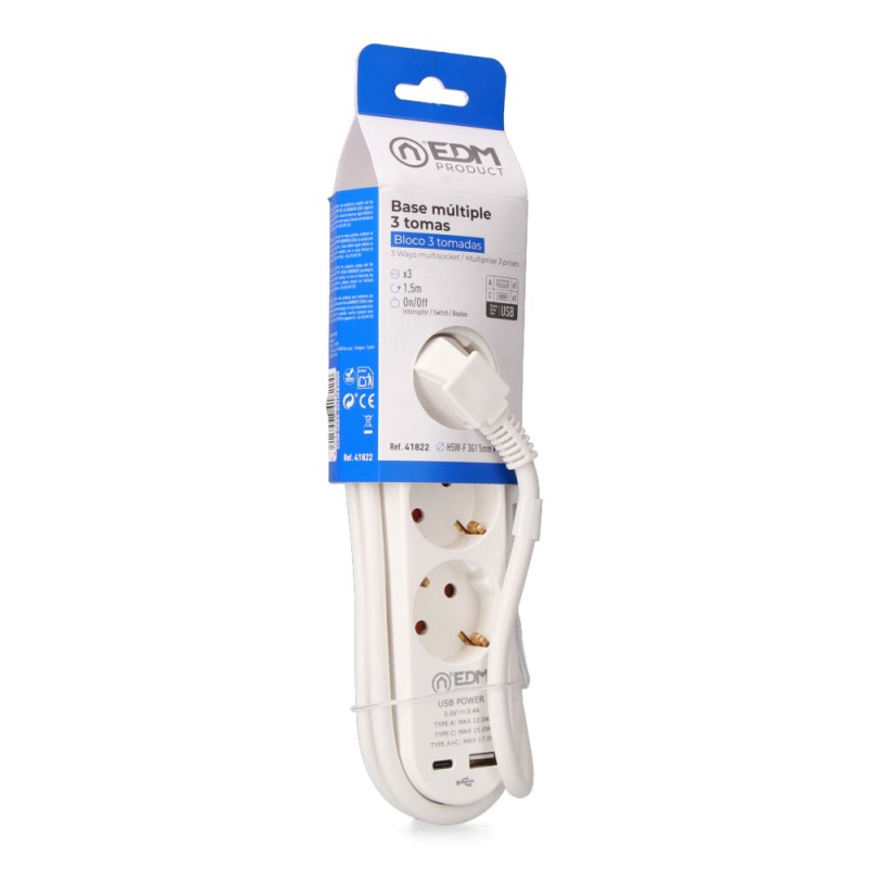 Prolongador con 3 tomas 2p+t schuko, con interruptor, 2 usb a + c, 16 a 250 v, cable h05vv-f, 3g1,5mm de 1,5 m, blanco
