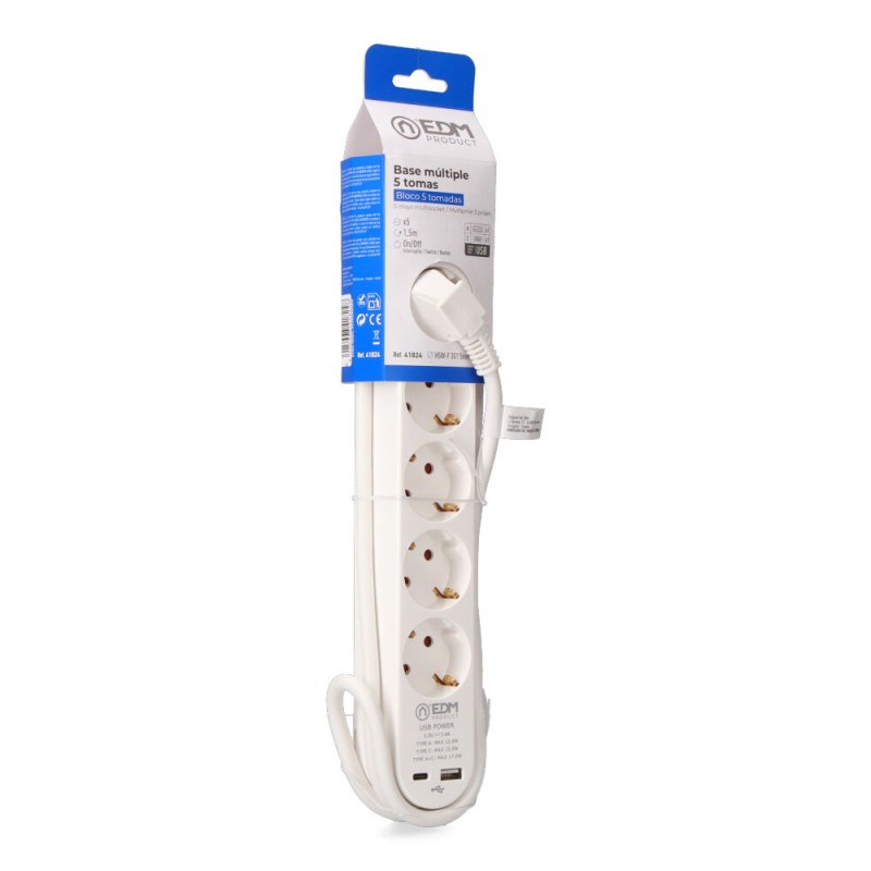 Prolongador con 5 tomas 2p+t schuko, con interruptor, 2 usb a + c, 16 a 250 v, cable h05vv-f, 3g1,5mm de 1,5 m, blanco