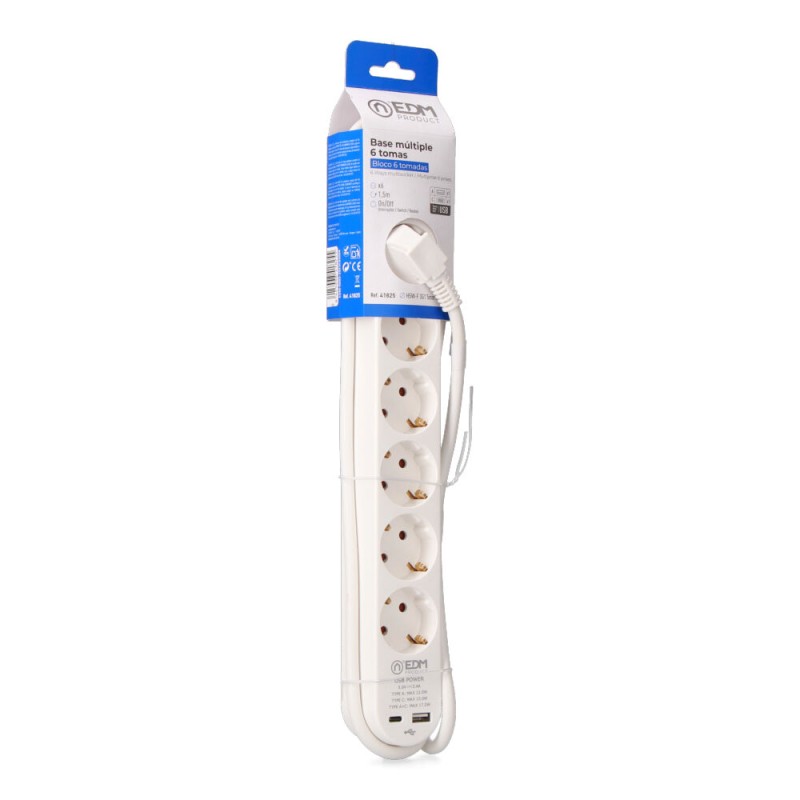 Prolongador con 6 tomas 2 p+t schuko, con interruptor, 2 usb a + c, 16 a 250 v, cable h05vv-f, 3g1,5mm de 1,5 m, blanco