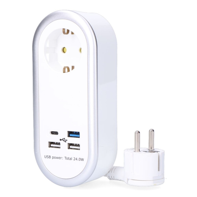 Prolongador con 1 toma 2p+t schuko, 4 usb (3 x a + 1 x c), 16 a 250 v, cable h05vv-f, 3g1,5mm de 1,5 m, blanco
