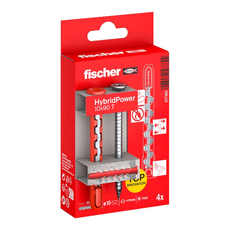 Tacos hybridpower ø10 x 90 mm + tornillos avellanados tx40, ø7 x 87 mm, blister 4 uds