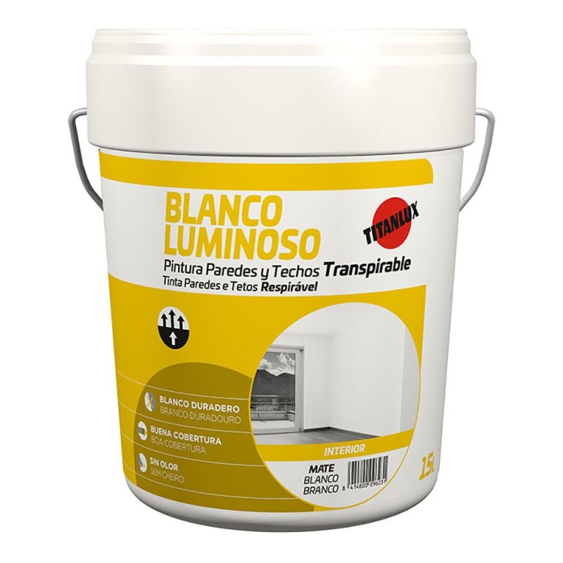 Pintura plástica acrílica estirenada interior transpirable, blanco mate luminoso, 15 l